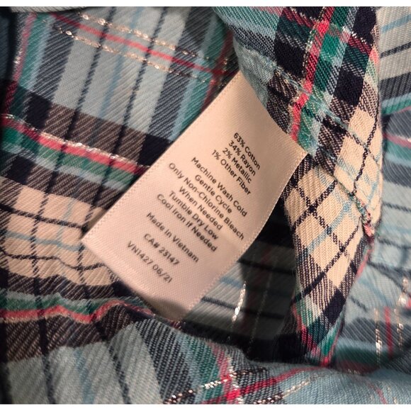 Talbots Womens Size XL Blue Plaid Button Up Shirt Metallic Thread - Picture 7 of 13